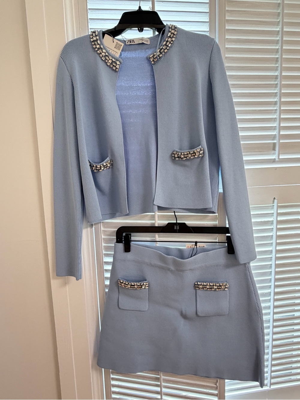 Zara Powder Blue Pearl-Embellished Two-Piece Skirt Set